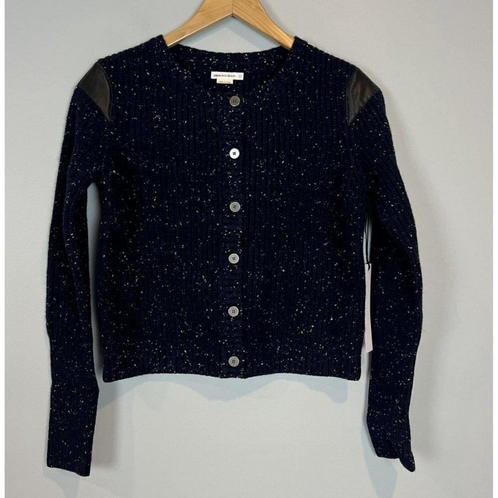 Paper Denim & Cloth Blue Cardigan Cropped Sweater Leather Accent Medium NWT $200
